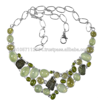 Natural Idocrase Prehnite Limón Cuarzo Moldavita Piedras preciosas y collar de plata esterlina Joyería